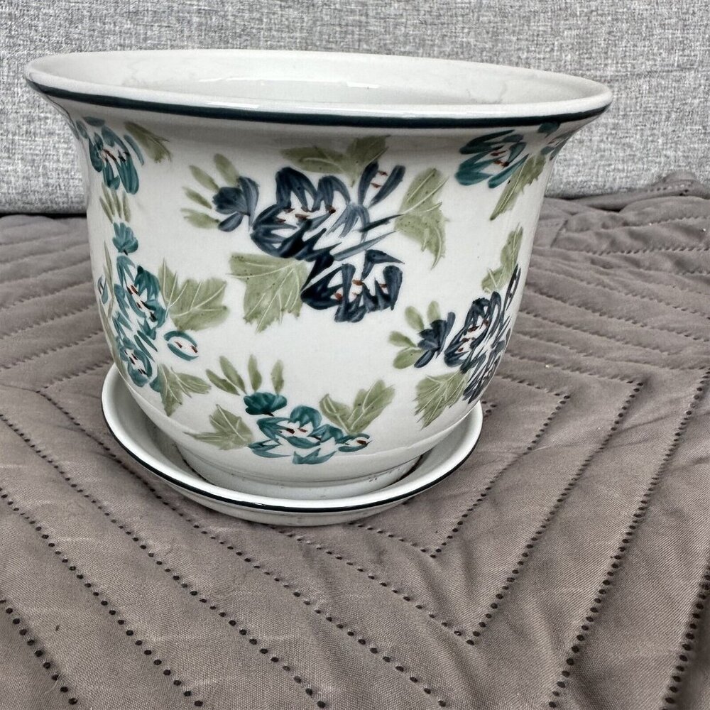 Vintage Norcal Ceramic Glazed Flower Planter w/ Attached Drain Tray